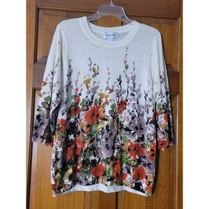 Women's Size 1X C.D. Daniels 3/4 Sleeve Lightweight Ivory Neutral Floral Top